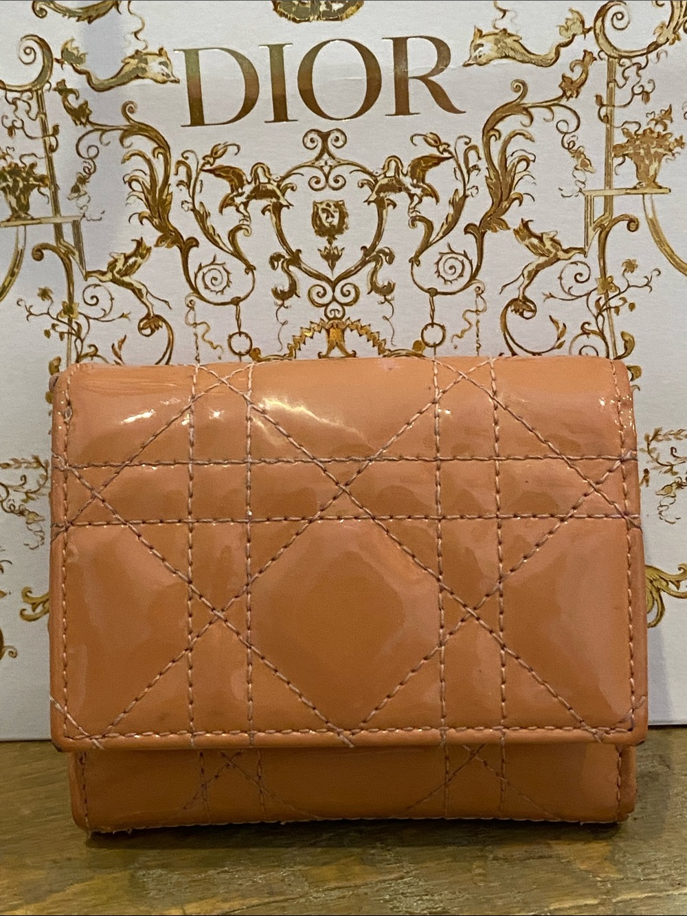 Lady Dior Lotus Quilted Patent Leather Cannage Wallet in Peachy Pink - Picture 7 of 13